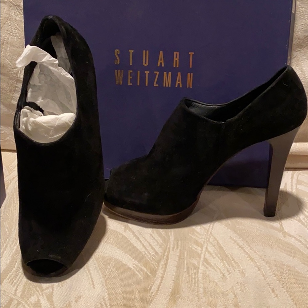 Stuart Weitzman black suede peep toe booties